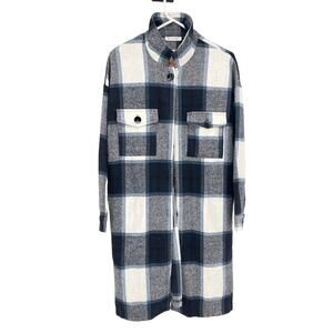 KIRUNDO Black White‎ Women's Flannel Plaid Shirts Jacket Shacket Knee Length - M